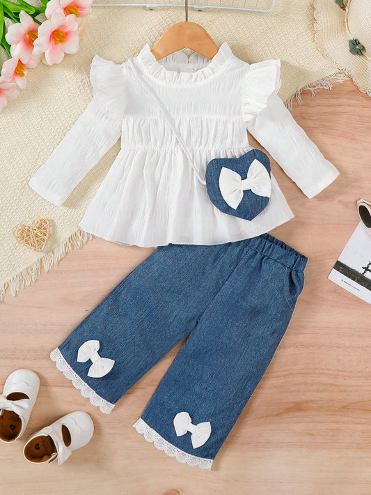 3pcs/Set Baby Girl Casual Fashion White Double Ruffle Sleeve T-Shirt, White Lace Hem Pants With Bow Decor & Pockets, Blue Long Pants Outfit With Crossbody Bag