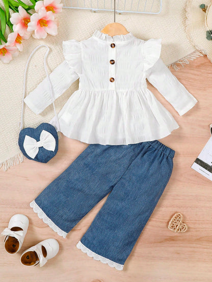 3pcs/Set Baby Girl Casual Fashion White Double Ruffle Sleeve T-Shirt, White Lace Hem Pants With Bow Decor & Pockets, Blue Long Pants Outfit With Crossbody Bag