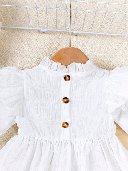3pcs/Set Baby Girl Casual Fashion White Double Ruffle Sleeve T-Shirt, White Lace Hem Pants With Bow Decor & Pockets, Blue Long Pants Outfit With Crossbody Bag