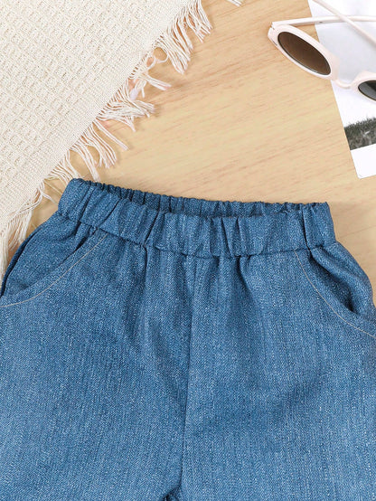 3pcs/Set Baby Girl Casual Fashion White Double Ruffle Sleeve T-Shirt, White Lace Hem Pants With Bow Decor & Pockets, Blue Long Pants Outfit With Crossbody Bag