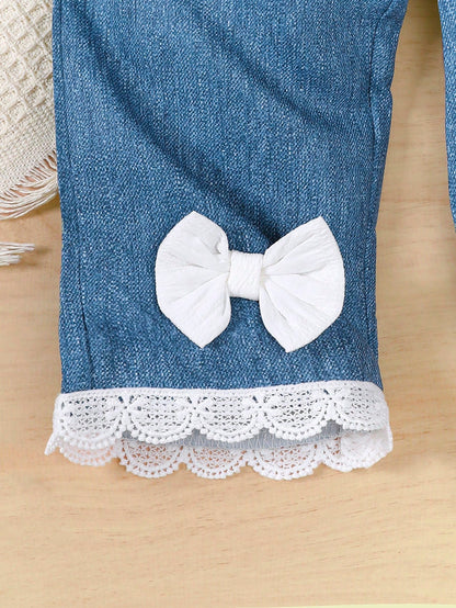 3pcs/Set Baby Girl Casual Fashion White Double Ruffle Sleeve T-Shirt, White Lace Hem Pants With Bow Decor & Pockets, Blue Long Pants Outfit With Crossbody Bag