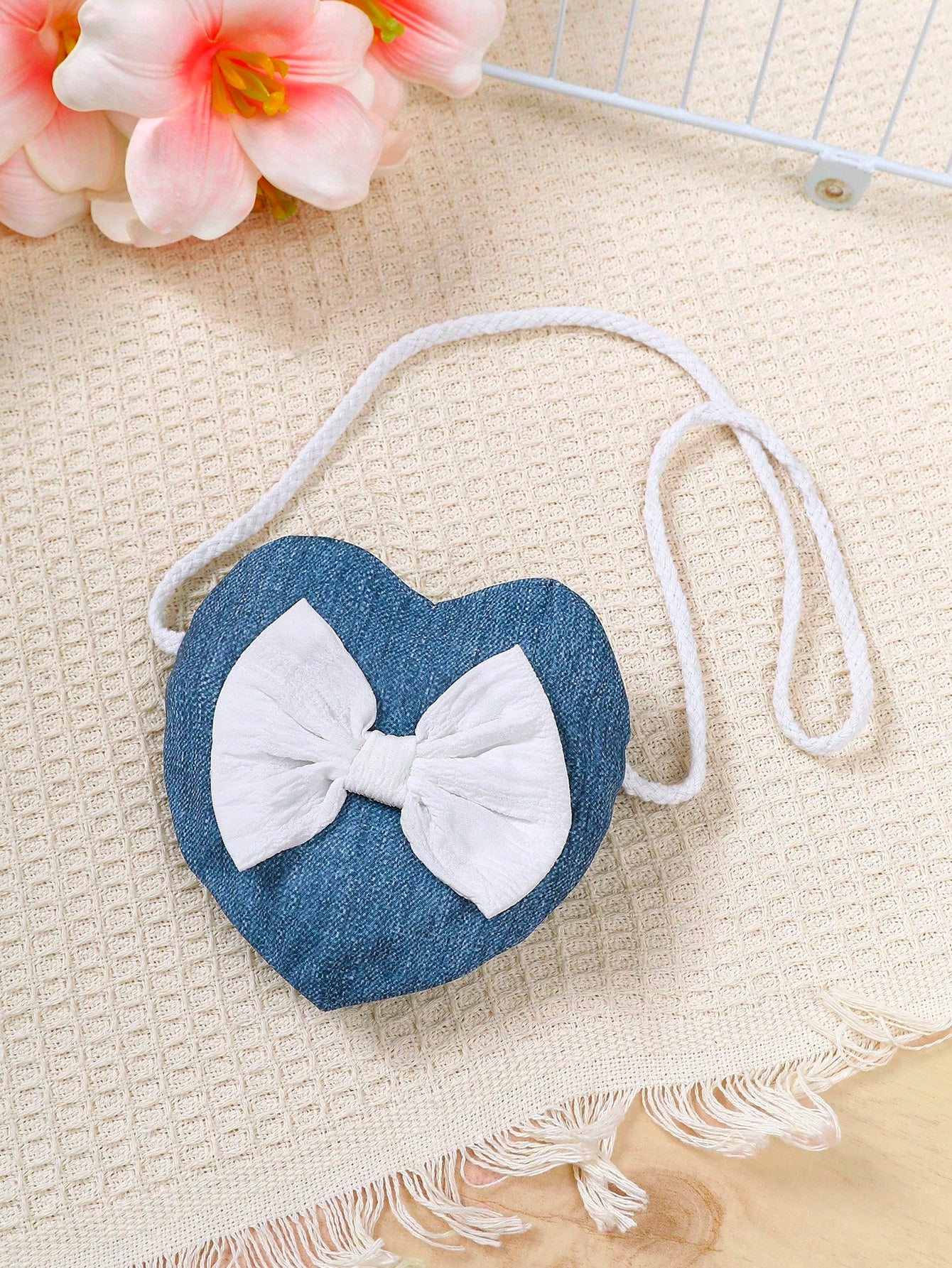 3pcs/Set Baby Girl Casual Fashion White Double Ruffle Sleeve T-Shirt, White Lace Hem Pants With Bow Decor & Pockets, Blue Long Pants Outfit With Crossbody Bag