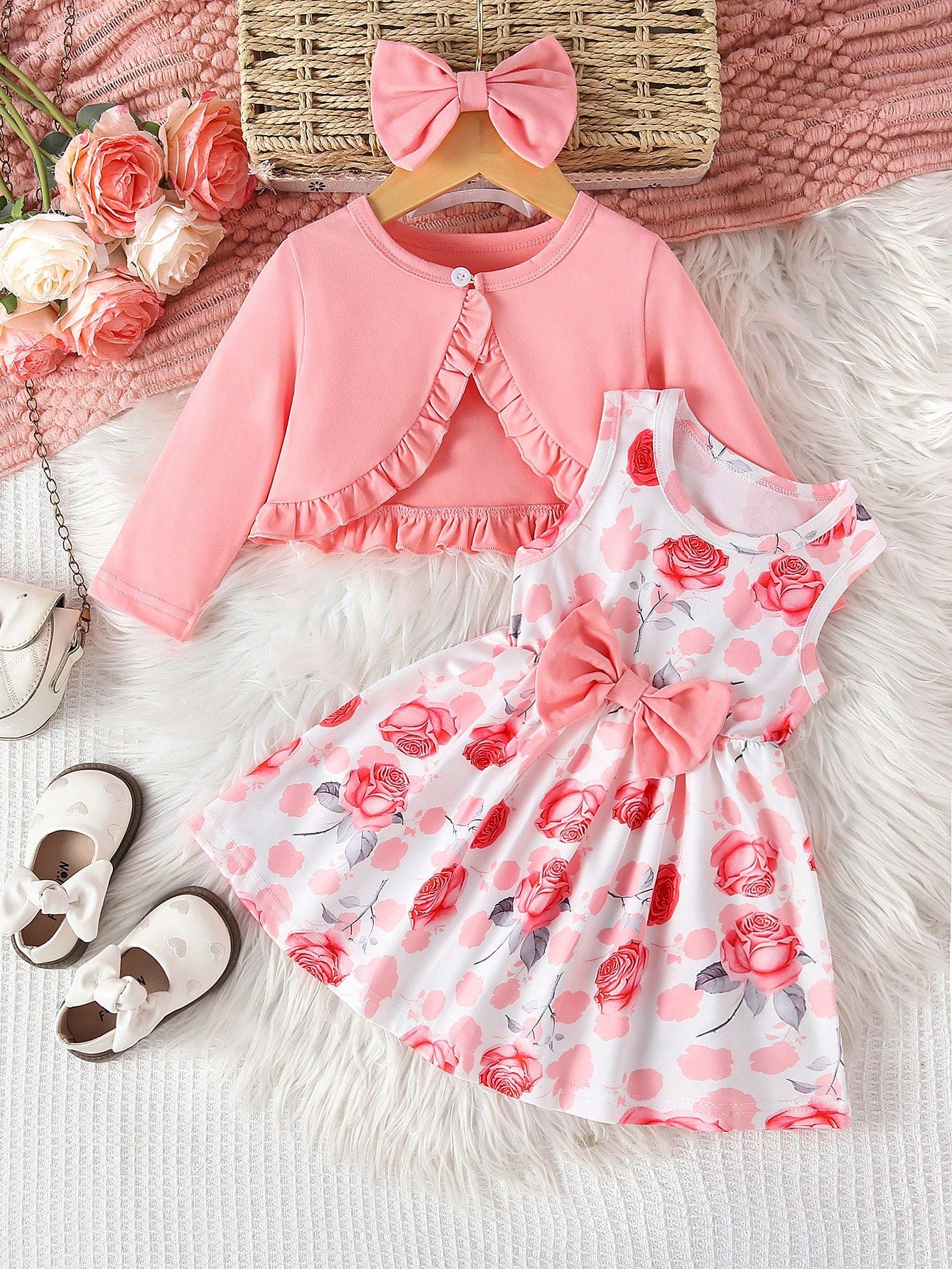 3pcs/Set Baby Girl Sweet Princess Style Pink Rose Floral Print Outfit, Ruffle Trim Long Sleeve Knit Cardigan + Big Bow Sleeveless Dress + Matching Oversized Headband, Soft Skin-Friendly Knit Fabric Lo