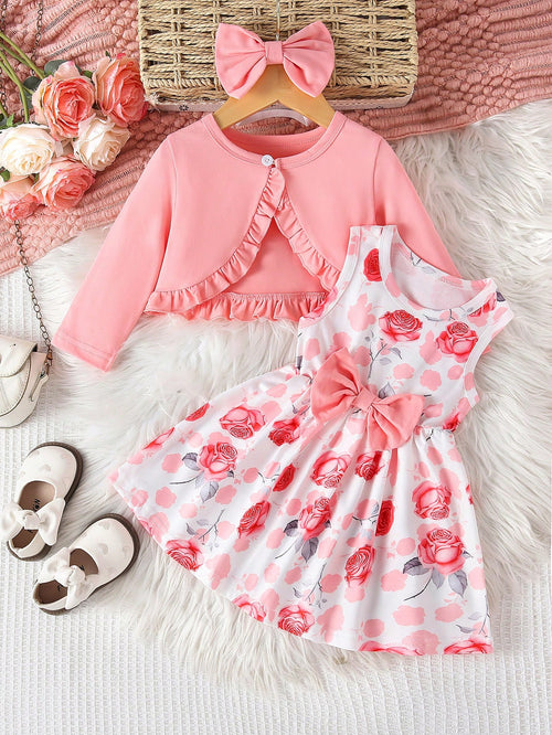 3pcs/Set Baby Girl Sweet Princess Style Pink Rose Floral Print Outfit, Ruffle Trim Long Sleeve Knit Cardigan + Big Bow Sleeveless Dress + Matching Oversized Headband, Soft Skin-Friendly Knit Fabric Lo