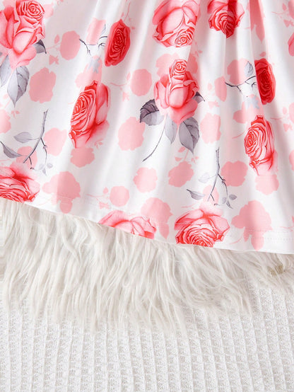 3pcs/Set Baby Girl Sweet Princess Style Pink Rose Floral Print Outfit, Ruffle Trim Long Sleeve Knit Cardigan + Big Bow Sleeveless Dress + Matching Oversized Headband, Soft Skin-Friendly Knit Fabric Lo