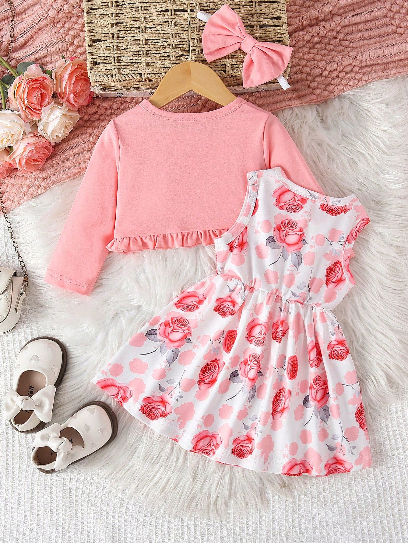 3pcs/Set Baby Girl Sweet Princess Style Pink Rose Floral Print Outfit, Ruffle Trim Long Sleeve Knit Cardigan + Big Bow Sleeveless Dress + Matching Oversized Headband, Soft Skin-Friendly Knit Fabric Lo