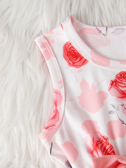3pcs/Set Baby Girl Sweet Princess Style Pink Rose Floral Print Outfit, Ruffle Trim Long Sleeve Knit Cardigan + Big Bow Sleeveless Dress + Matching Oversized Headband, Soft Skin-Friendly Knit Fabric Lo