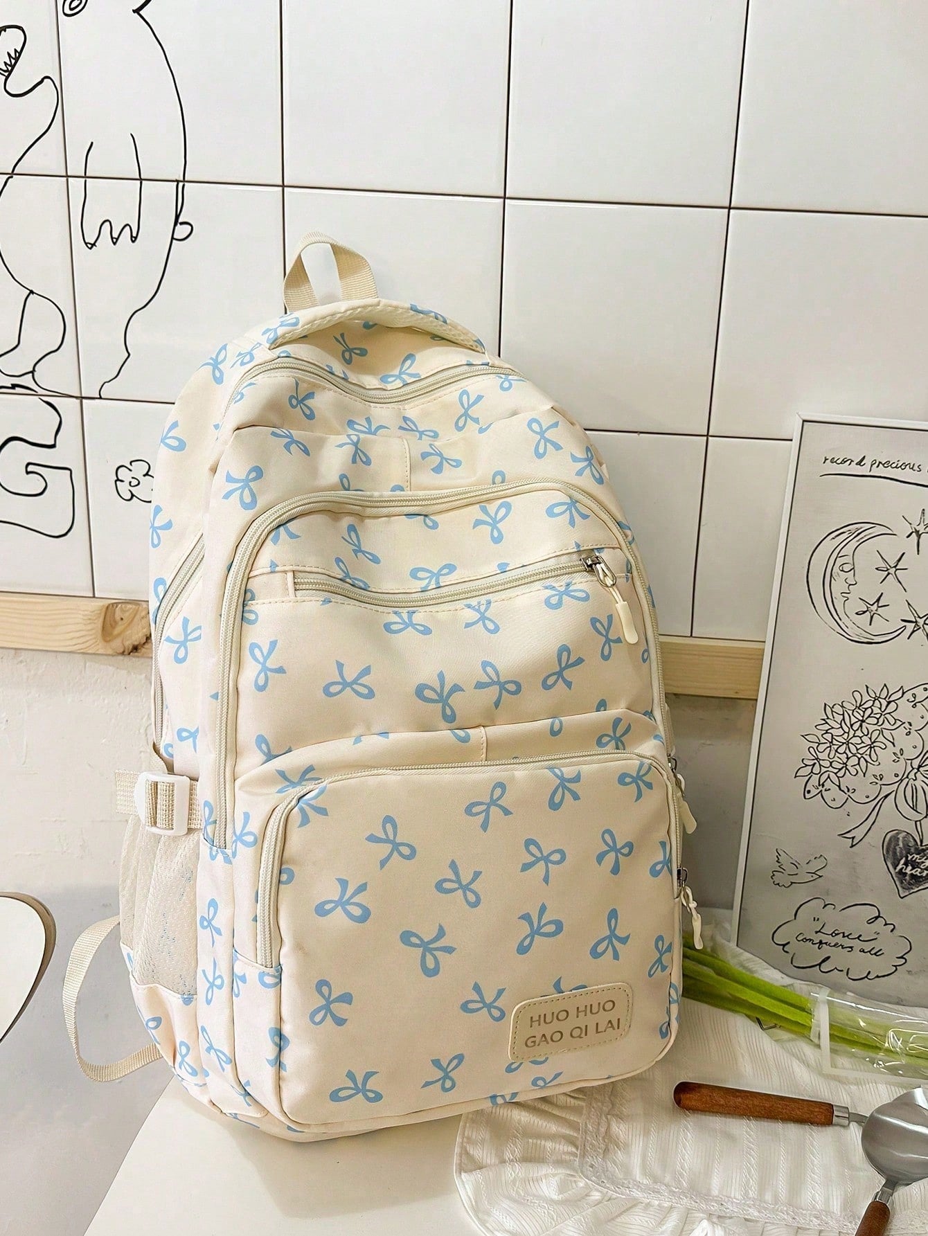 3pcs Set Beige Nylon Bow Print Multi-Pocket Foldable Waterproof Zipper Backpack, Suitable For Teenagers, High School/College Students, Women Daily, School, Training, Commuting, Shopping, Travel, Valen
