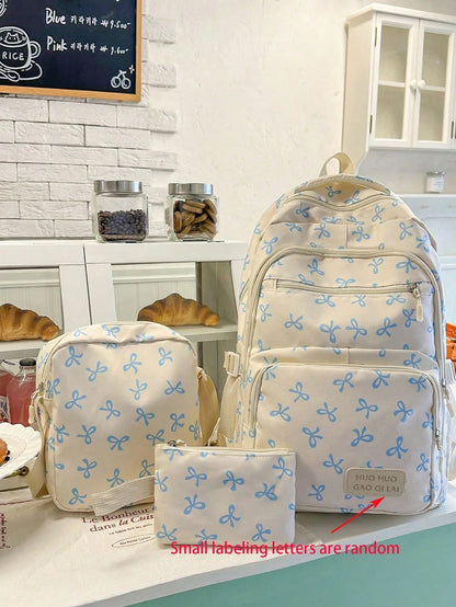 3pcs Set Beige Nylon Bow Print Multi-Pocket Foldable Waterproof Zipper Backpack, Suitable For Teenagers, High School/College Students, Women Daily, School, Training, Commuting, Shopping, Travel, Valen