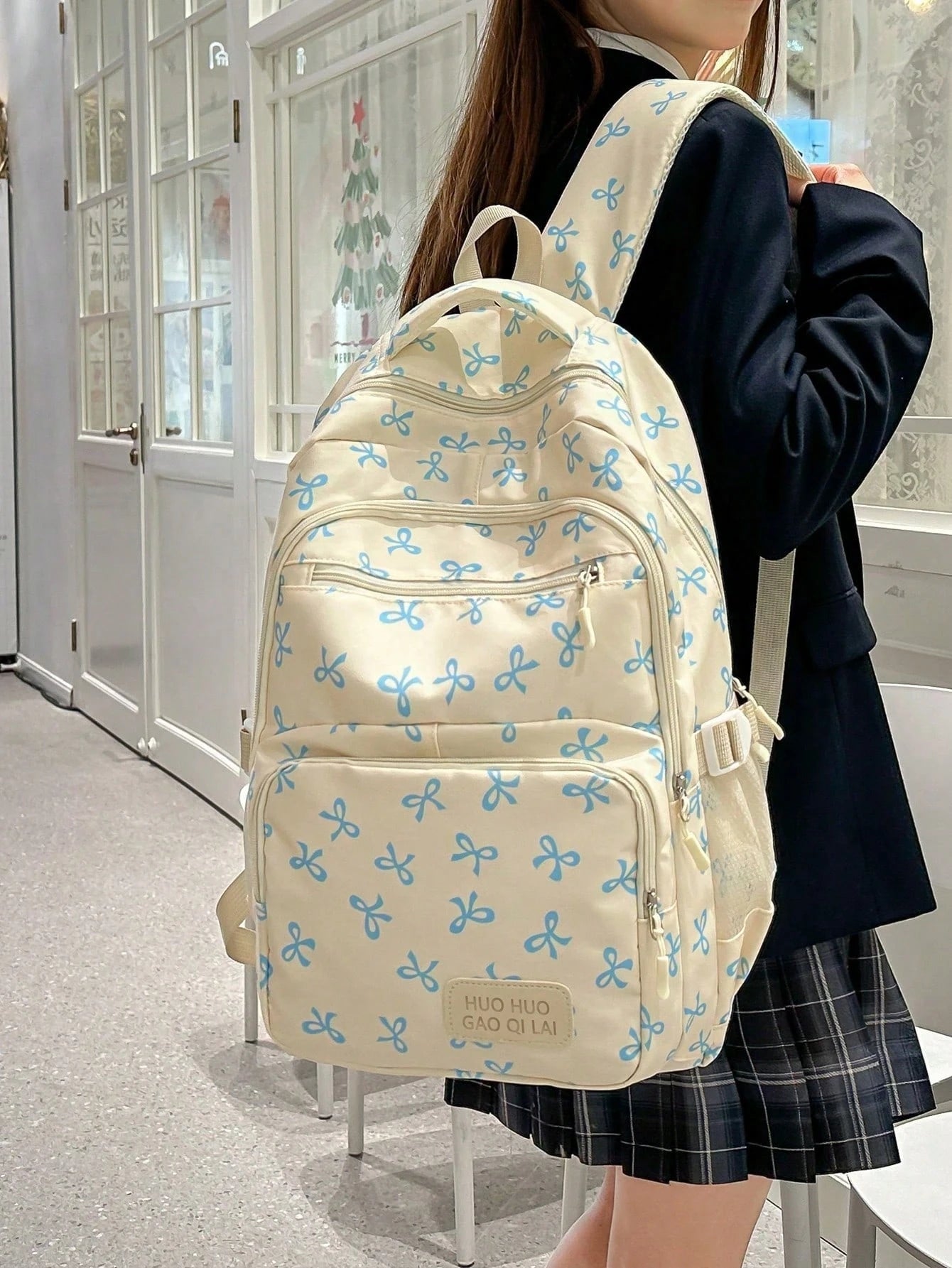3pcs Set Beige Nylon Bow Print Multi-Pocket Foldable Waterproof Zipper Backpack, Suitable For Teenagers, High School/College Students, Women Daily, School, Training, Commuting, Shopping, Travel, Valen