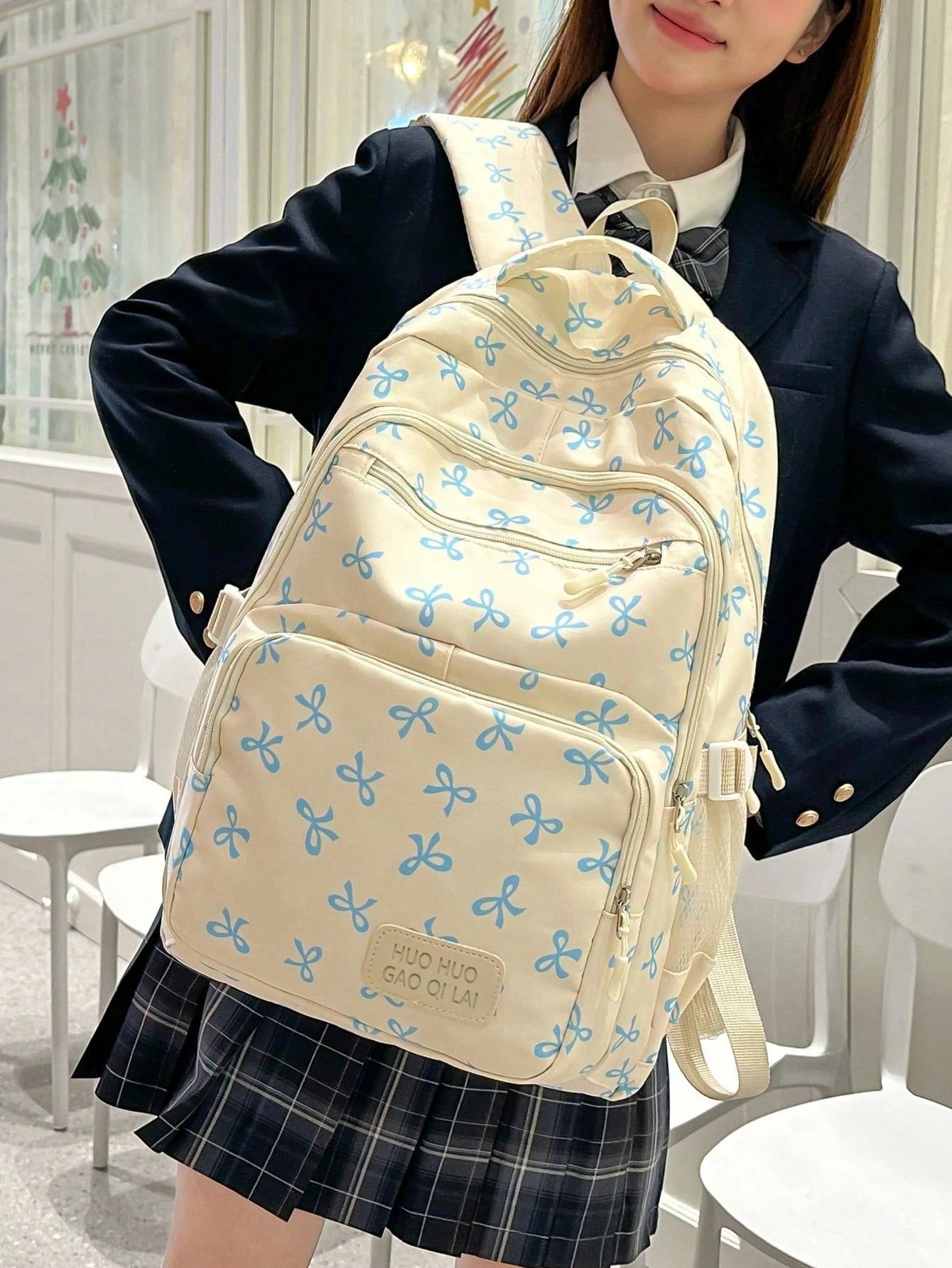 3pcs Set Beige Nylon Bow Print Multi-Pocket Foldable Waterproof Zipper Backpack, Suitable For Teenagers, High School/College Students, Women Daily, School, Training, Commuting, Shopping, Travel, Valen