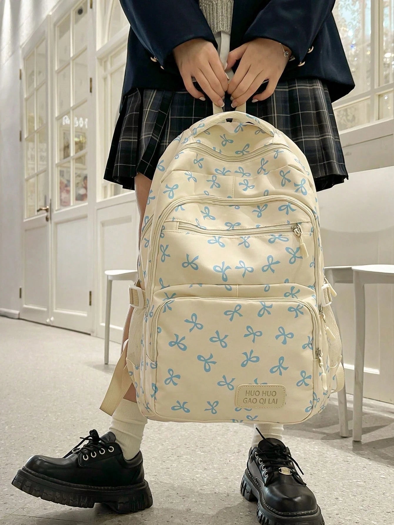 3pcs Set Beige Nylon Bow Print Multi-Pocket Foldable Waterproof Zipper Backpack, Suitable For Teenagers, High School/College Students, Women Daily, School, Training, Commuting, Shopping, Travel, Valen