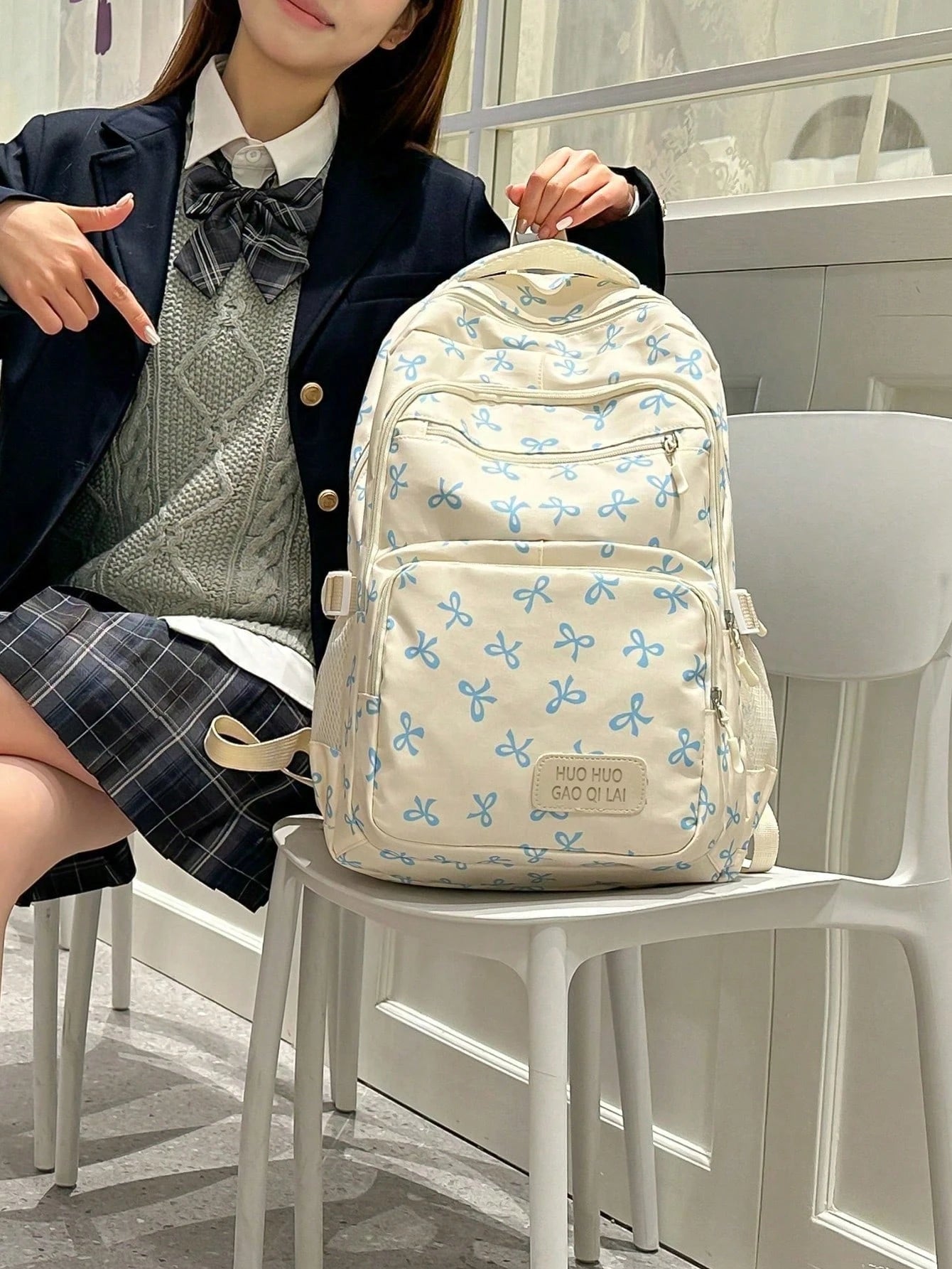 3pcs Set Beige Nylon Bow Print Multi-Pocket Foldable Waterproof Zipper Backpack, Suitable For Teenagers, High School/College Students, Women Daily, School, Training, Commuting, Shopping, Travel, Valen