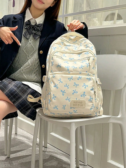 3pcs Set Beige Nylon Bow Print Multi-Pocket Foldable Waterproof Zipper Backpack, Suitable For Teenagers, High School/College Students, Women Daily, School, Training, Commuting, Shopping, Travel, Valen