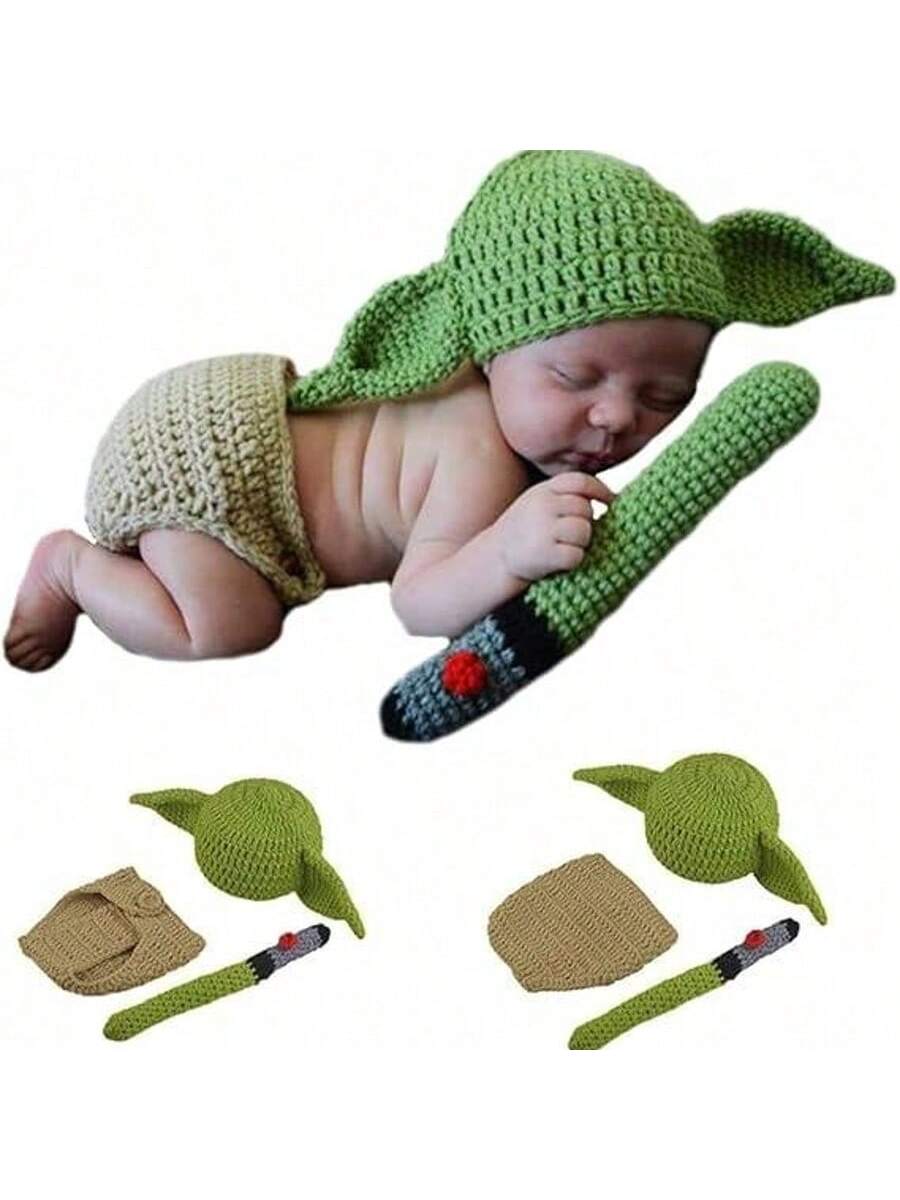 3pcs/Set Green Handmade Knitted Newborn Photography Props Baby Clothing Set, Boys & Girls Festival Costumebaby Shower Easter Gift Sthings For Girls/Boys