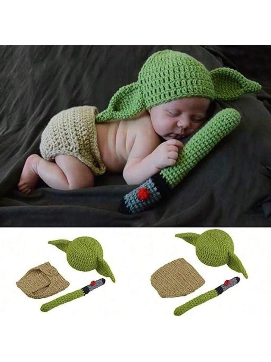 3pcs/Set Green Handmade Knitted Newborn Photography Props Baby Clothing Set, Boys & Girls Festival Costumebaby Shower Easter Gift Sthings For Girls/Boys