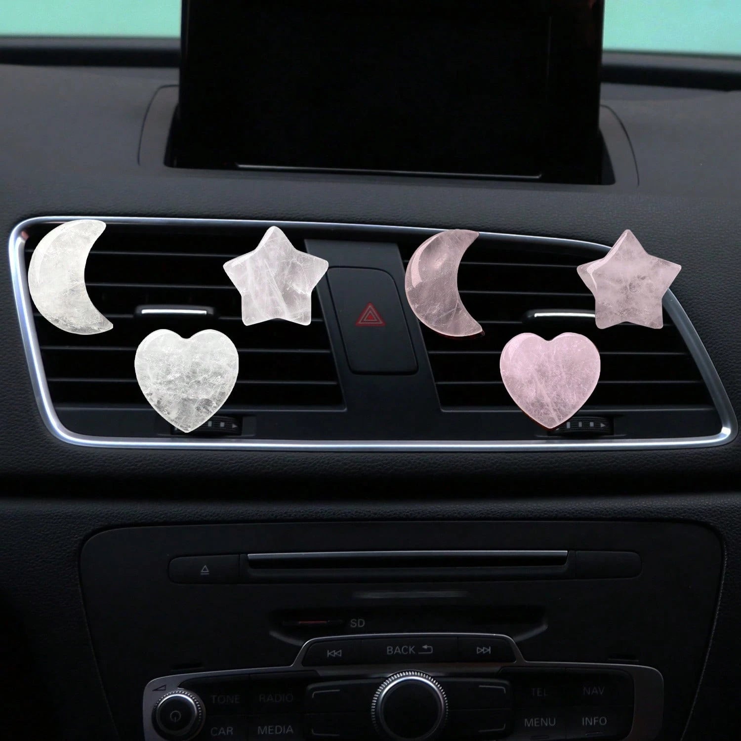 3pcs/Set Natural Crystal Crescent Moon Star Heart Shape Air Vent Clip Decoration, Car Air Conditioning Outlet Natural Stone Decor Accessory