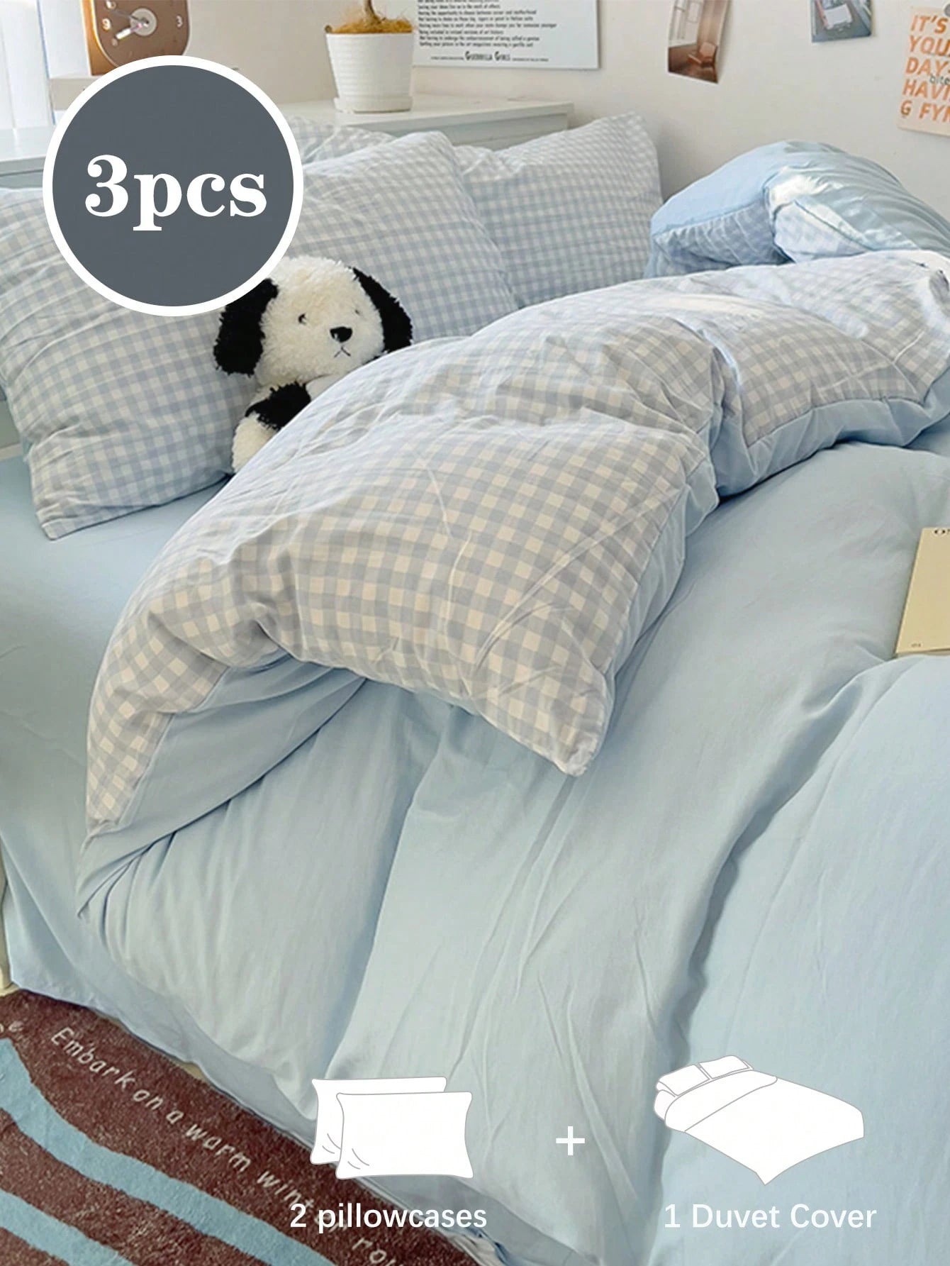 3pcs/Set, Sky Blue, Fresh Small Plaid, Student, Fresh Small Plaid, Ultra Soft, Cute, Suitable For All Seasons, Unisex, Dorm Decor Duvet Cover, Home Bedding Set, Without Duvet Insert, Single/Double/Que