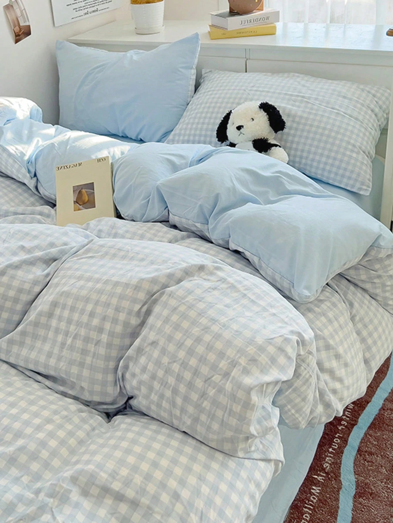 3pcs/Set, Sky Blue, Fresh Small Plaid, Student, Fresh Small Plaid, Ultra Soft, Cute, Suitable For All Seasons, Unisex, Dorm Decor Duvet Cover, Home Bedding Set, Without Duvet Insert, Single/Double/Que
