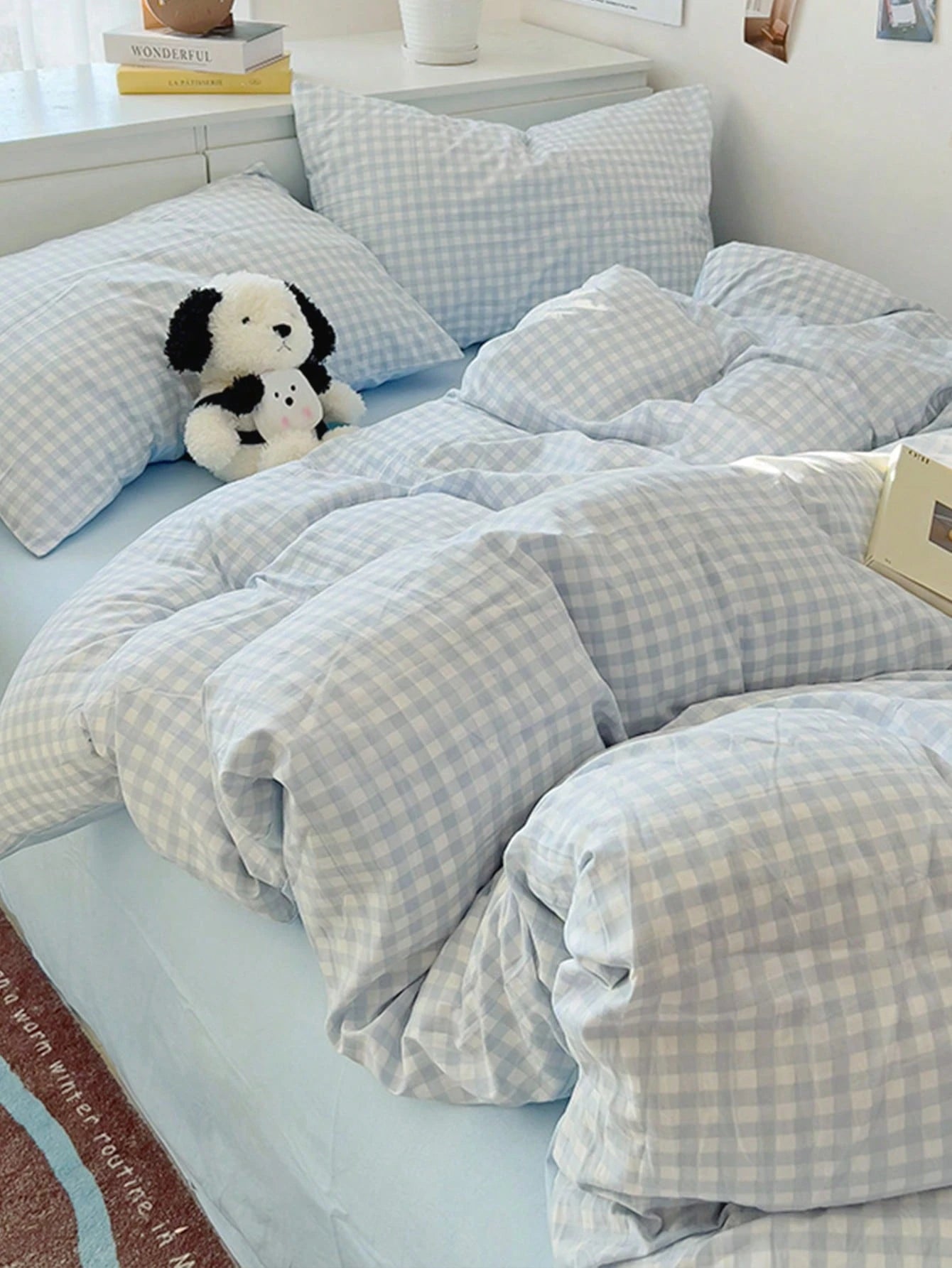3pcs/Set, Sky Blue, Fresh Small Plaid, Student, Fresh Small Plaid, Ultra Soft, Cute, Suitable For All Seasons, Unisex, Dorm Decor Duvet Cover, Home Bedding Set, Without Duvet Insert, Single/Double/Que