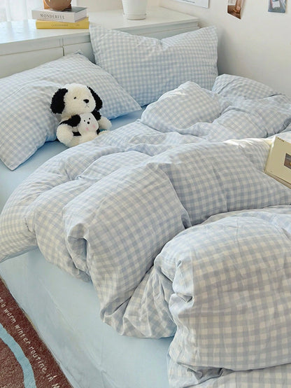 3pcs/Set, Sky Blue, Fresh Small Plaid, Student, Fresh Small Plaid, Ultra Soft, Cute, Suitable For All Seasons, Unisex, Dorm Decor Duvet Cover, Home Bedding Set, Without Duvet Insert, Single/Double/Que