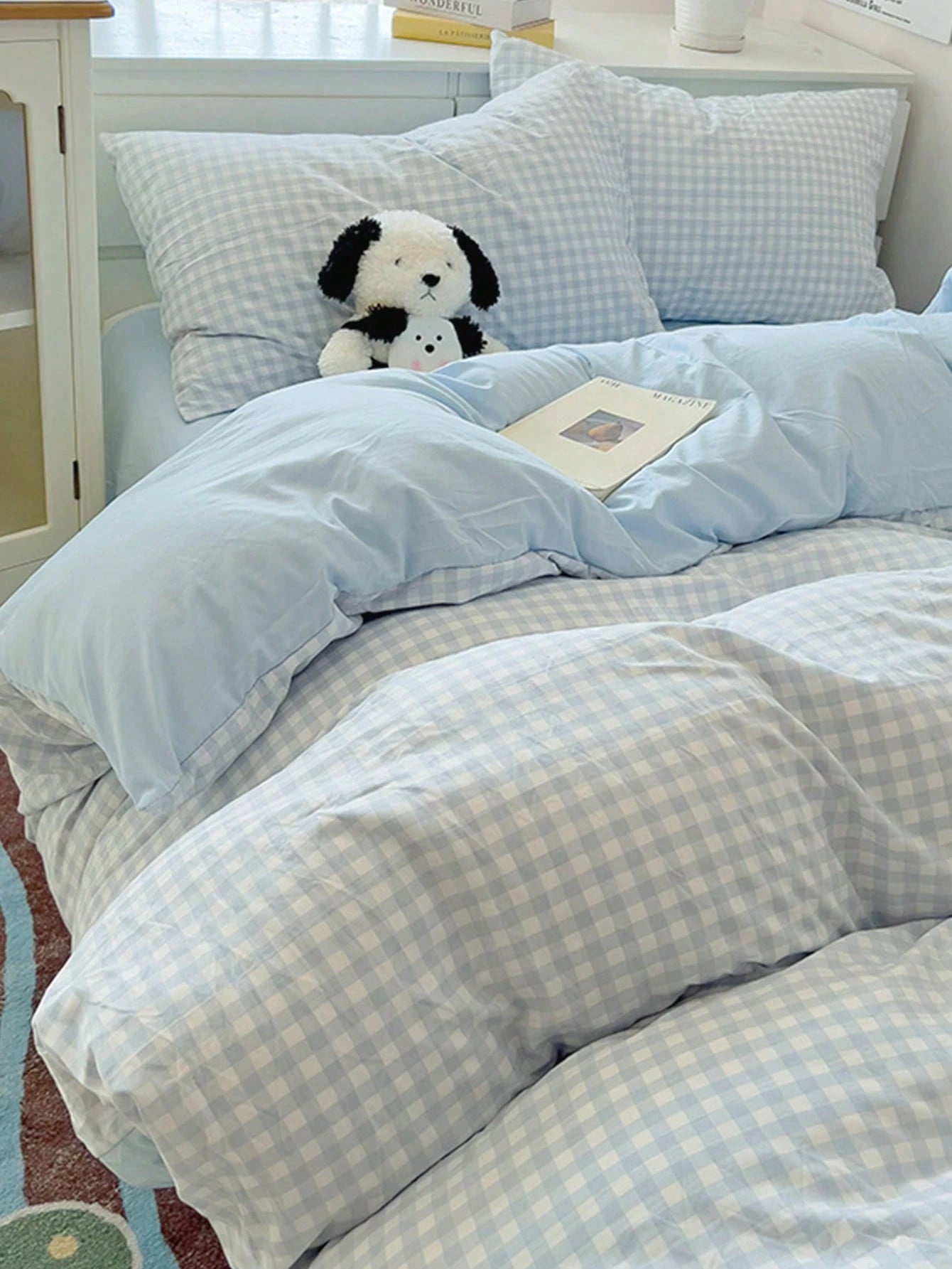 3pcs/Set, Sky Blue, Fresh Small Plaid, Student, Fresh Small Plaid, Ultra Soft, Cute, Suitable For All Seasons, Unisex, Dorm Decor Duvet Cover, Home Bedding Set, Without Duvet Insert, Single/Double/Que