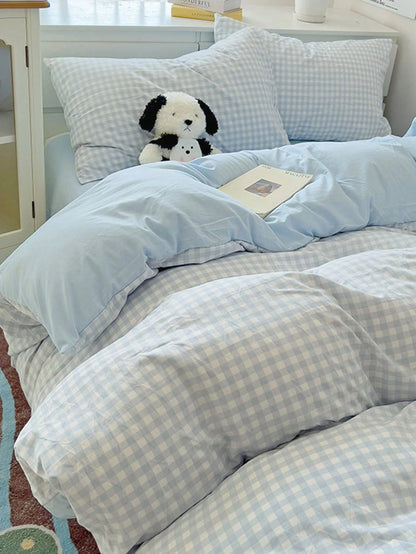 3pcs/Set, Sky Blue, Fresh Small Plaid, Student, Fresh Small Plaid, Ultra Soft, Cute, Suitable For All Seasons, Unisex, Dorm Decor Duvet Cover, Home Bedding Set, Without Duvet Insert, Single/Double/Que