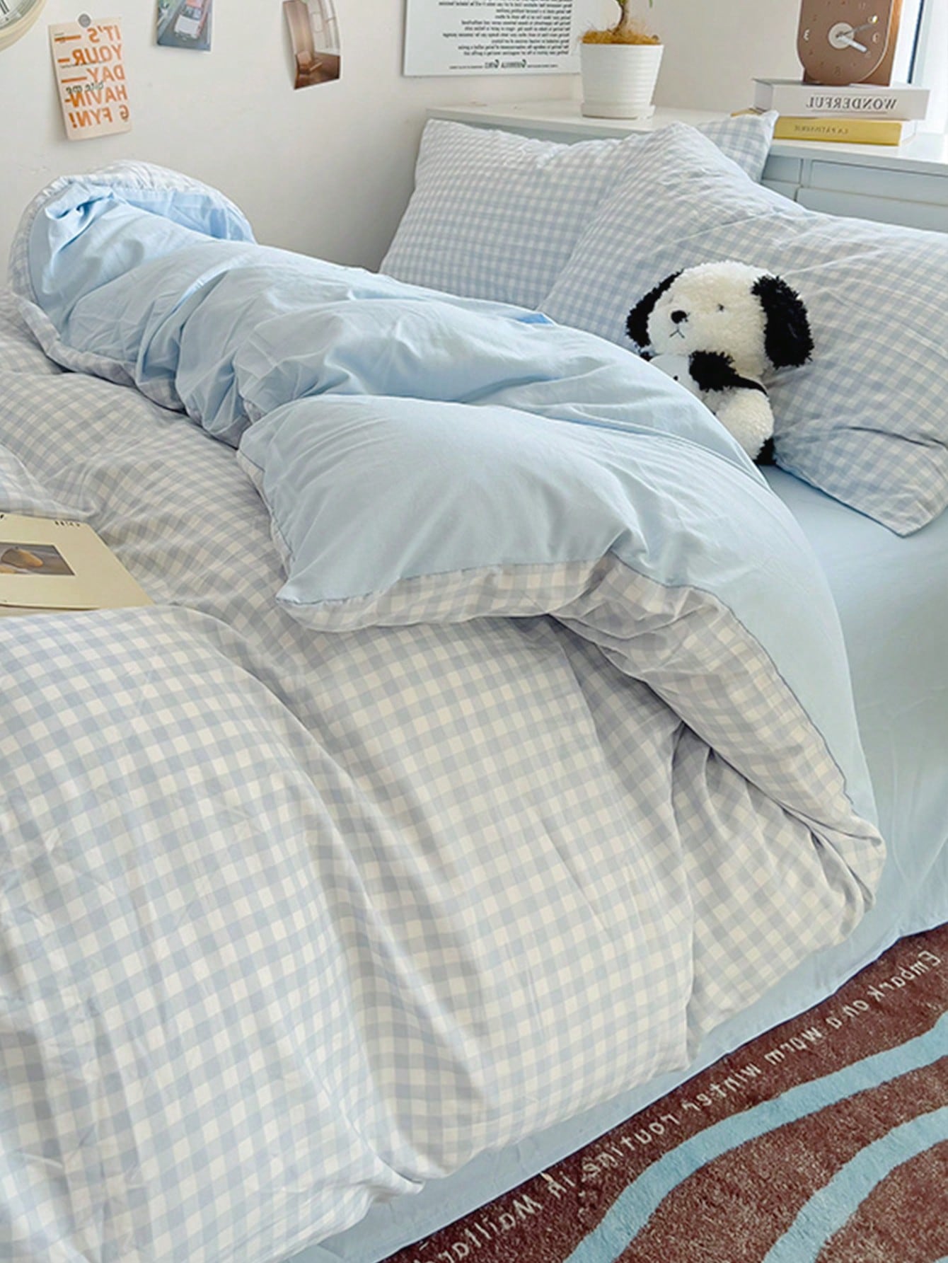 3pcs/Set, Sky Blue, Fresh Small Plaid, Student, Fresh Small Plaid, Ultra Soft, Cute, Suitable For All Seasons, Unisex, Dorm Decor Duvet Cover, Home Bedding Set, Without Duvet Insert, Single/Double/Que