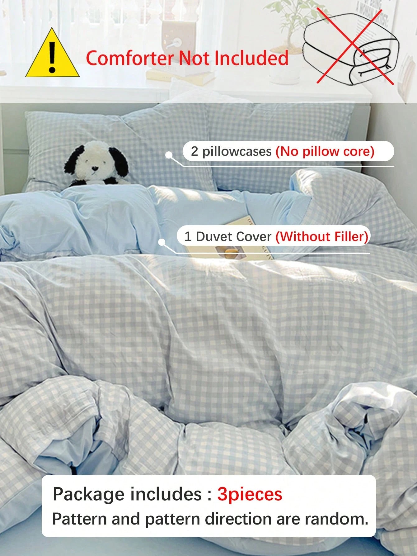 3pcs/Set, Sky Blue, Fresh Small Plaid, Student, Fresh Small Plaid, Ultra Soft, Cute, Suitable For All Seasons, Unisex, Dorm Decor Duvet Cover, Home Bedding Set, Without Duvet Insert, Single/Double/Que