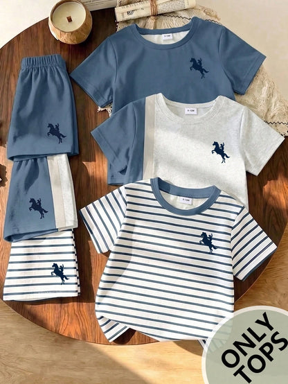3pcs Tops, Minimalist Letter Print Pattern Grey T-Shirt, Minimalist Letter Print Pattern Blue T-Shirt