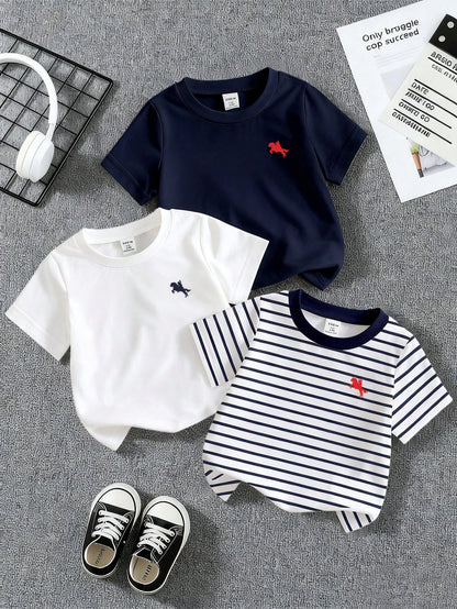 3pcs Tops, Minimalist Letter Print Pattern Grey T-Shirt, Minimalist Letter Print Pattern Blue T-Shirt