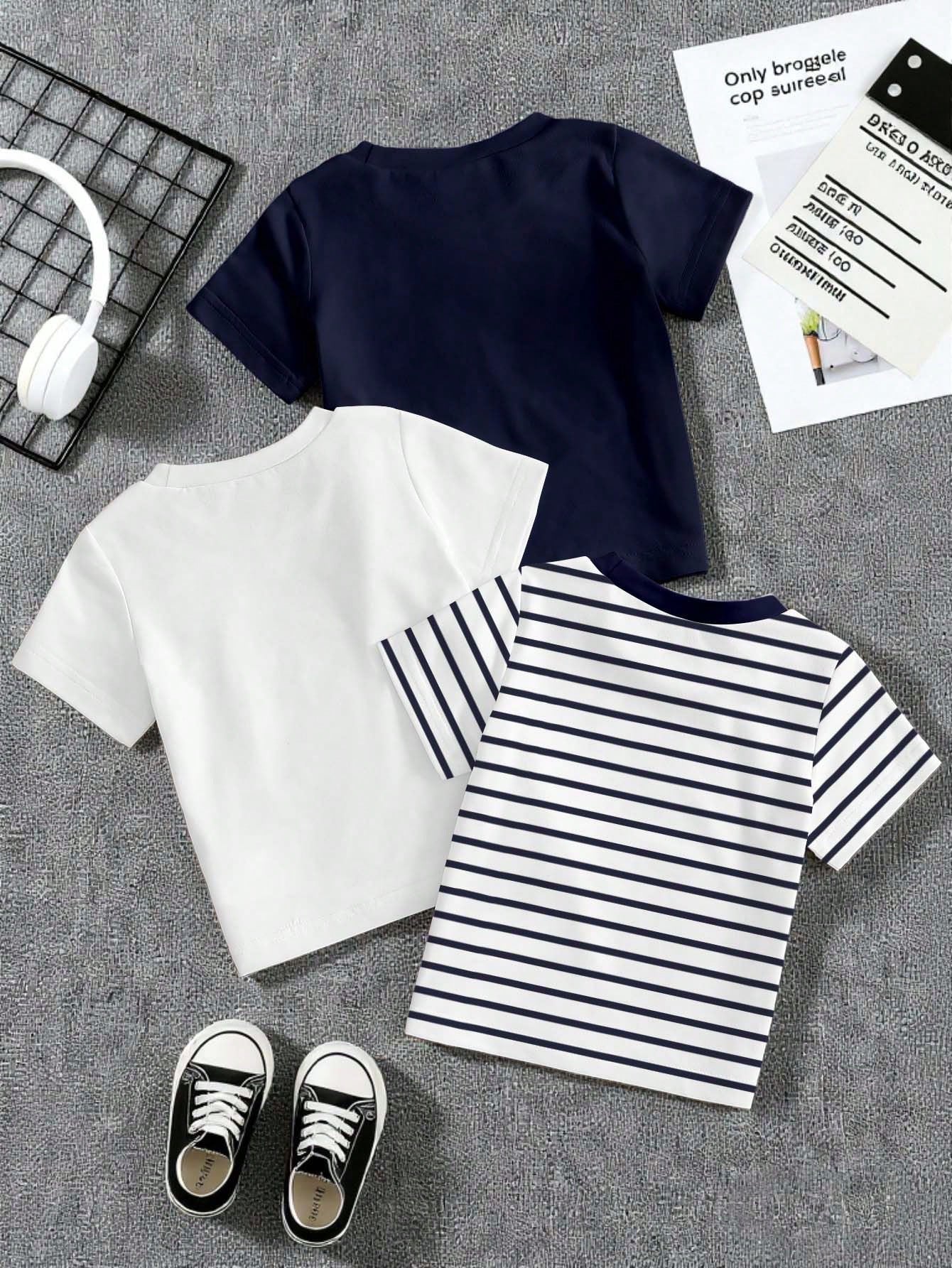 3pcs Tops, Minimalist Letter Print Pattern Grey T-Shirt, Minimalist Letter Print Pattern Blue T-Shirt