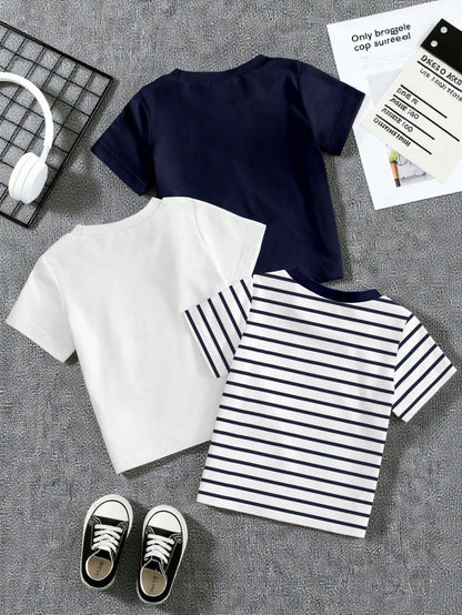 3pcs Tops, Minimalist Letter Print Pattern Grey T-Shirt, Minimalist Letter Print Pattern Blue T-Shirt