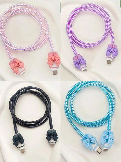 3pcs TPU Protective Cable Sleeves, 20W Charger, Anti-Fraying, Heart-Shaped & Bow Decor, Compatible With IPhone 16/15/14/13/12/11, Phone Accessories