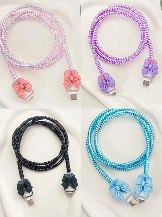 3pcs TPU Protective Cable Sleeves, 20W Charger, Anti-Fraying, Heart-Shaped & Bow Decor, Compatible With IPhone 16/15/14/13/12/11, Phone Accessories