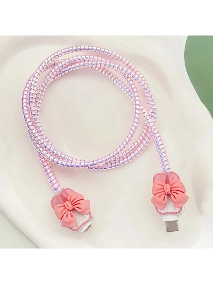 3pcs TPU Protective Cable Sleeves, 20W Charger, Anti-Fraying, Heart-Shaped & Bow Decor, Compatible With IPhone 16/15/14/13/12/11, Phone Accessories