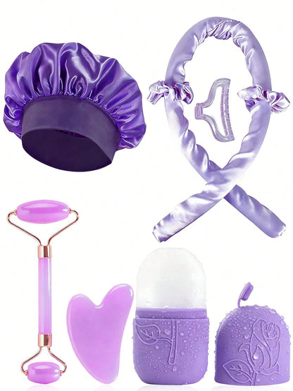 4/5/8pcs/Set Facial Beauty Massage Tool Set, Curling Tool Set, Gua Sha Roller, Facial Massager, Ice Facial Tool, Foam Hair Roller, Large Hair Scrunchie, Hair Clip, Women's Hair Styling Tool Set