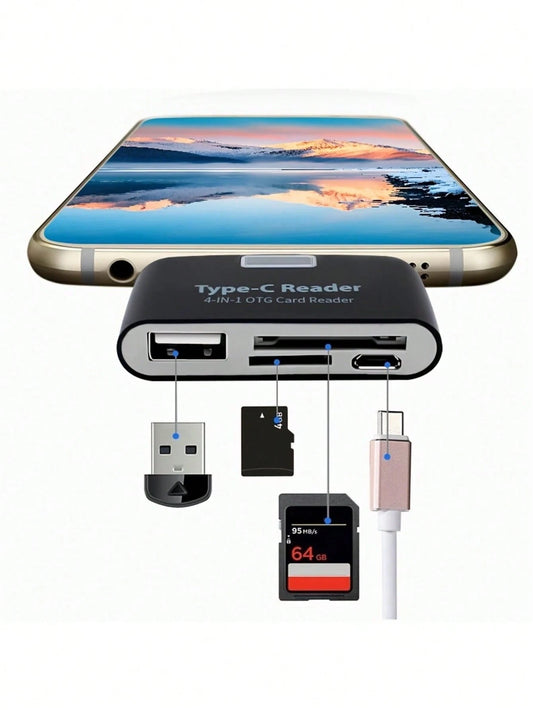 4-In-1 Type-C Card Reader, OTG Reader Writer, Portable Multi-Functional Adapter Compatible With SD/TF/USB Drives, Suitable For Car, Computer, Phone, Plug And Play External Storage Device