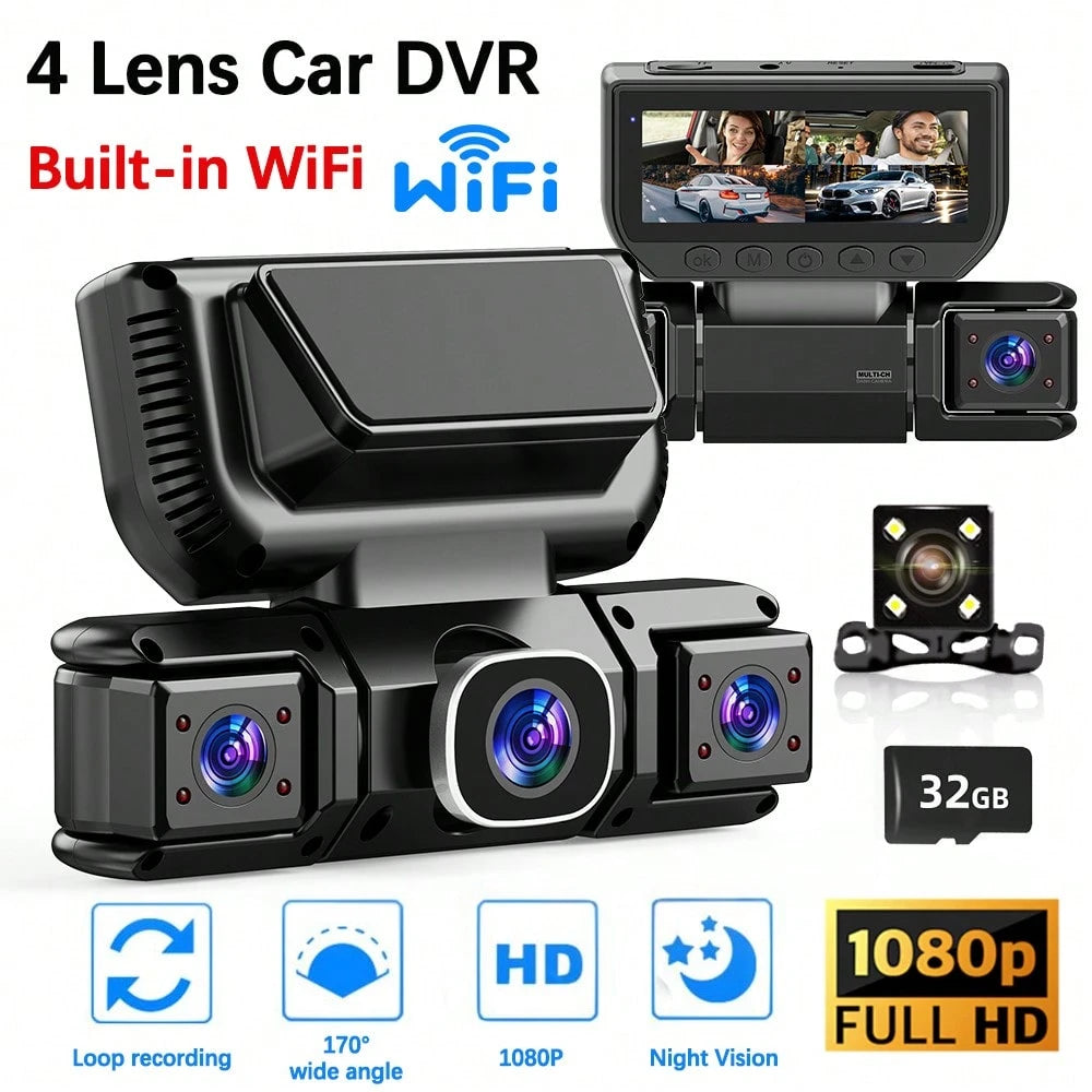 4-Lens 360° Panoramic Dashboard Camera Dash Cam, With Ultra-Wide-Angle Night Vision Function, WiFi Connection, Loop Recording And G-Sensor,Multi-Functional Dash Cam, Comes With A 32G Memory Card And