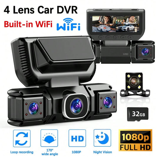 4-Lens 360° Panoramic Dashboard Camera Dash Cam, With Ultra-Wide-Angle Night Vision Function, WiFi Connection, Loop Recording And G-Sensor,Multi-Functional Dash Cam, Comes With A 32G Memory Card And