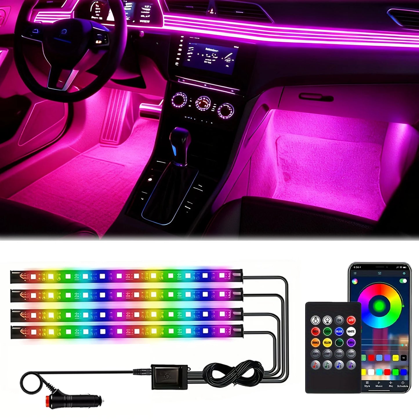 4-Pack LED Car Interior Lighting Kit- Cigarette Lighter Plug, 22.5cm/8.86inch, Smart App Control And Remote Control, Colorful Floor Lights With Music Sync, Enhances Ambiance, No Batteries Required
