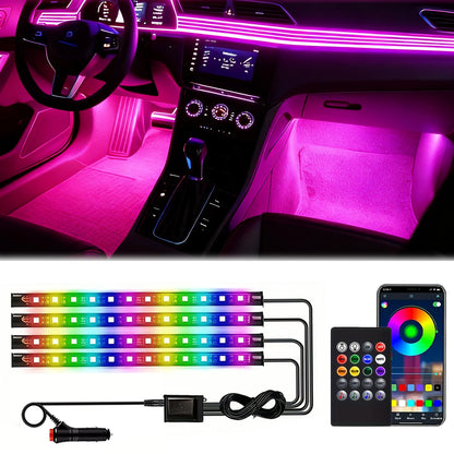 4-Pack LED Car Interior Lighting Kit- Cigarette Lighter Plug, 22.5cm/8.86inch, Smart App Control And Remote Control, Colorful Floor Lights With Music Sync, Enhances Ambiance, No Batteries Required