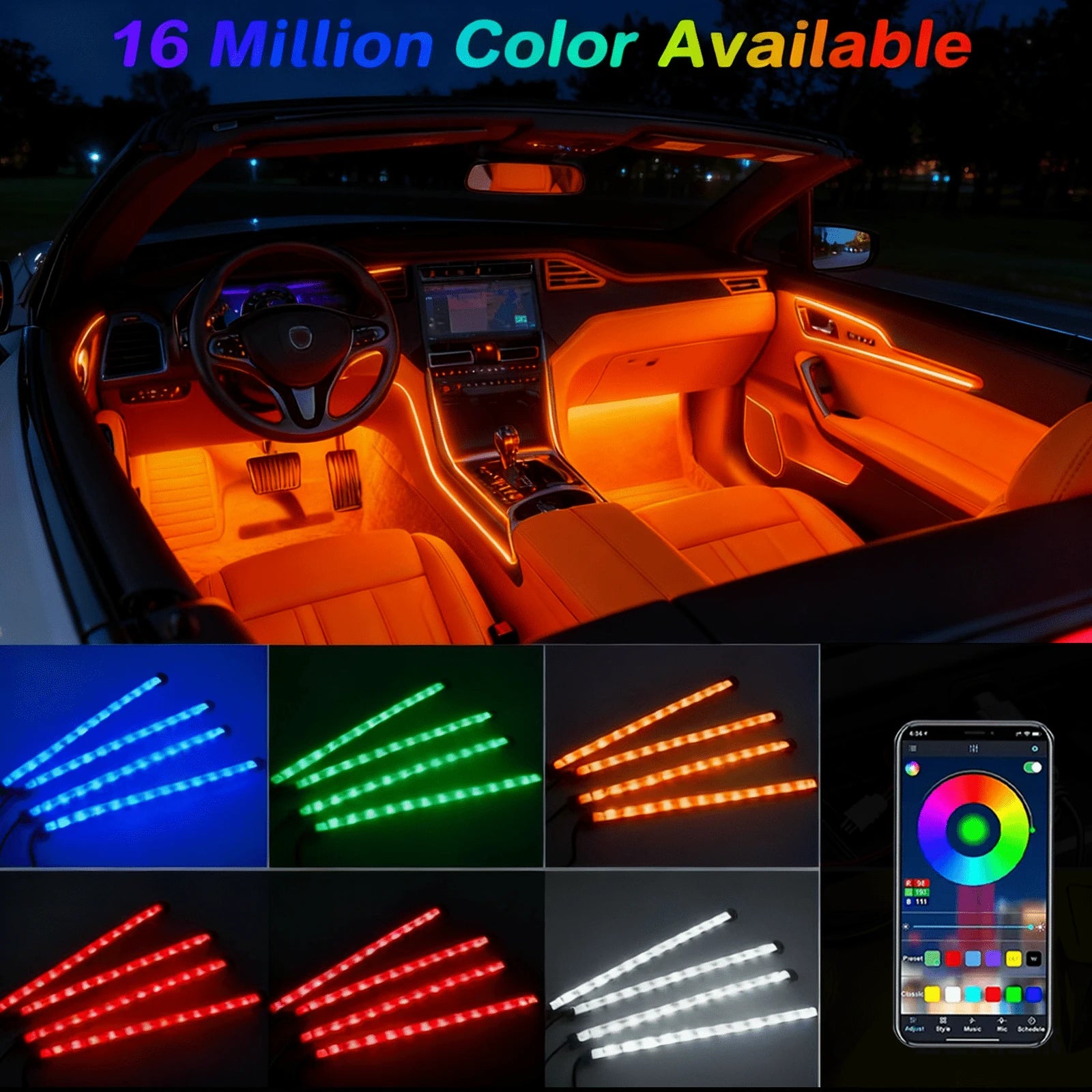 4-Pack LED Car Interior Lighting Kit- Cigarette Lighter Plug, 22.5cm/8.86inch, Smart App Control And Remote Control, Colorful Floor Lights With Music Sync, Enhances Ambiance, No Batteries Required