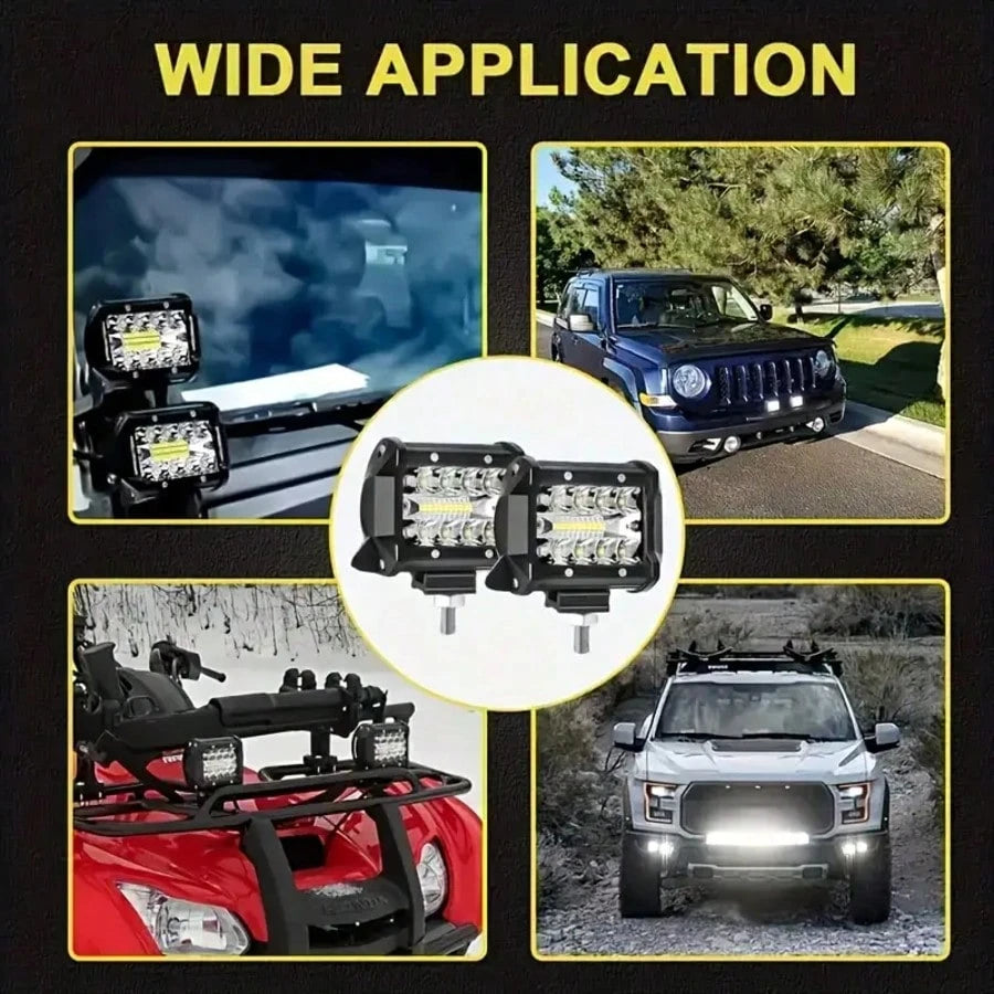 4-Pack- New High Brightness 4-Inch LED Light 3-Row 480W Plastic-Half Aluminum Work Light Spotlight Bar Car-Road Front Bumper Driving Light, Ultra-High Lumen Brightness, Suitable For Electric Vehicles