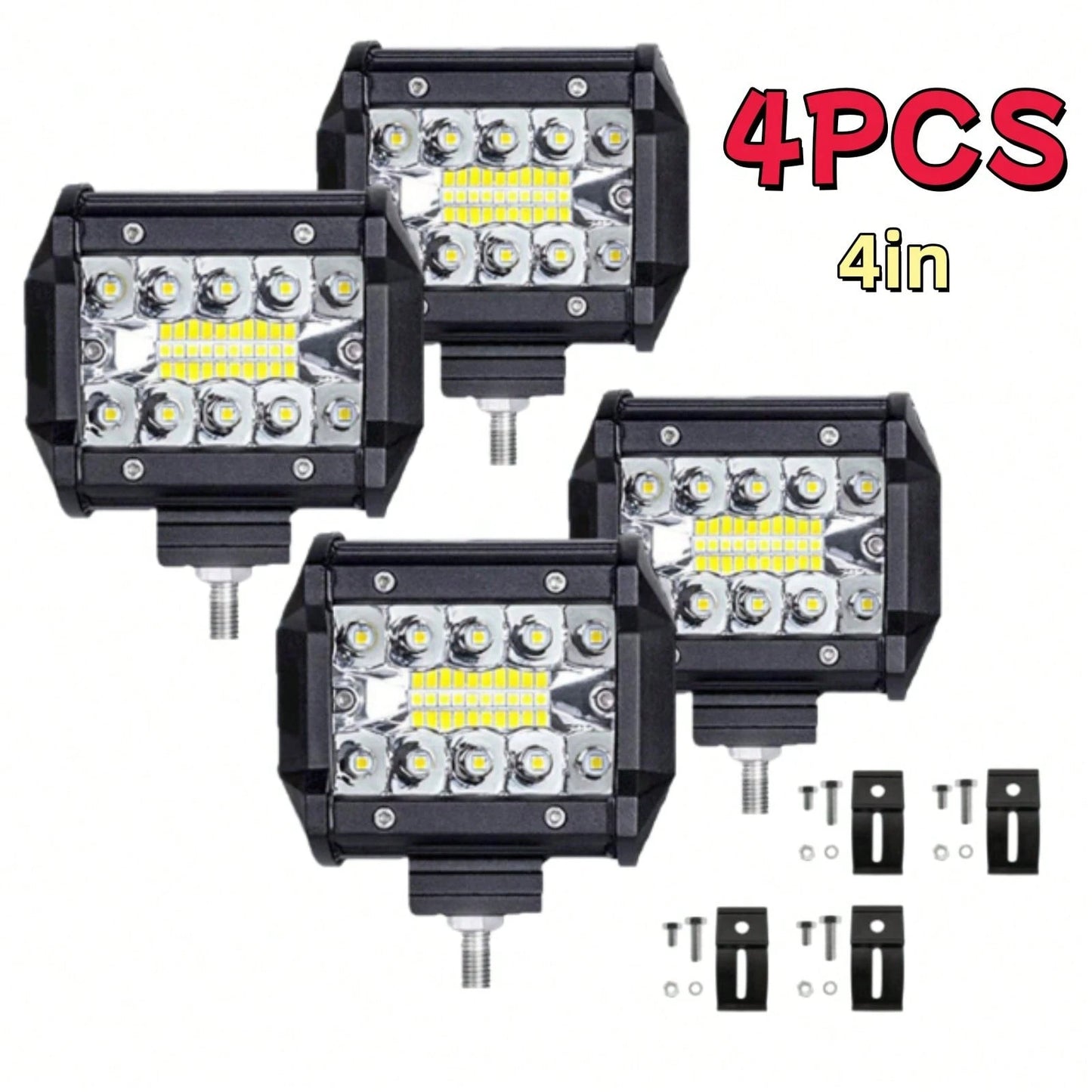 4-Pack- New High Brightness 4-Inch LED Light 3-Row 480W Plastic-Half Aluminum Work Light Spotlight Bar Car-Road Front Bumper Driving Light, Ultra-High Lumen Brightness, Suitable For Electric Vehicles