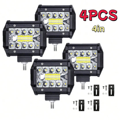 4-Pack- New High Brightness 4-Inch LED Light 3-Row 480W Plastic-Half Aluminum Work Light Spotlight Bar Car-Road Front Bumper Driving Light, Ultra-High Lumen Brightness, Suitable For Electric Vehicles