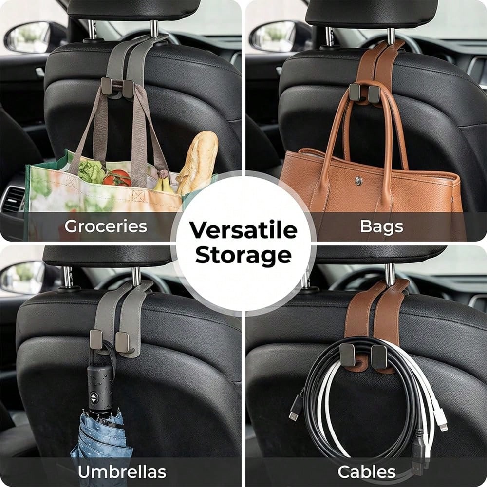 4 PCS Leather Car Headrest Hooks, Heavy Duty Double Metal Hanger Hooks For Car Seat Back, Universal Auto Interior Accessory For Purses, Grocery Bags, Umbrellas