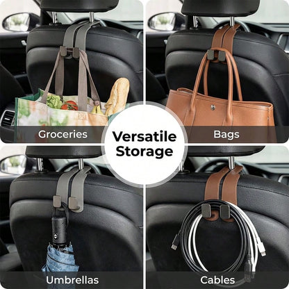 4 PCS Leather Car Headrest Hooks, Heavy Duty Double Metal Hanger Hooks For Car Seat Back, Universal Auto Interior Accessory For Purses, Grocery Bags, Umbrellas