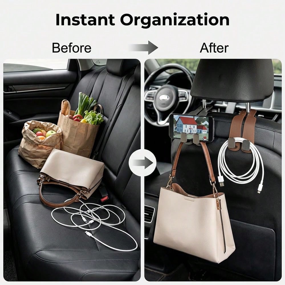 4 PCS Leather Car Headrest Hooks, Heavy Duty Double Metal Hanger Hooks For Car Seat Back, Universal Auto Interior Accessory For Purses, Grocery Bags, Umbrellas