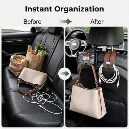 4 PCS Leather Car Headrest Hooks, Heavy Duty Double Metal Hanger Hooks For Car Seat Back, Universal Auto Interior Accessory For Purses, Grocery Bags, Umbrellas